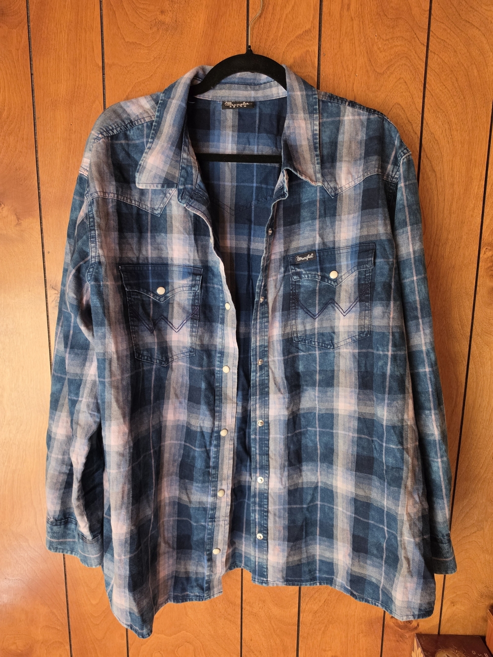Wrangler Mens Blue Plaid Snap-Front Shirt